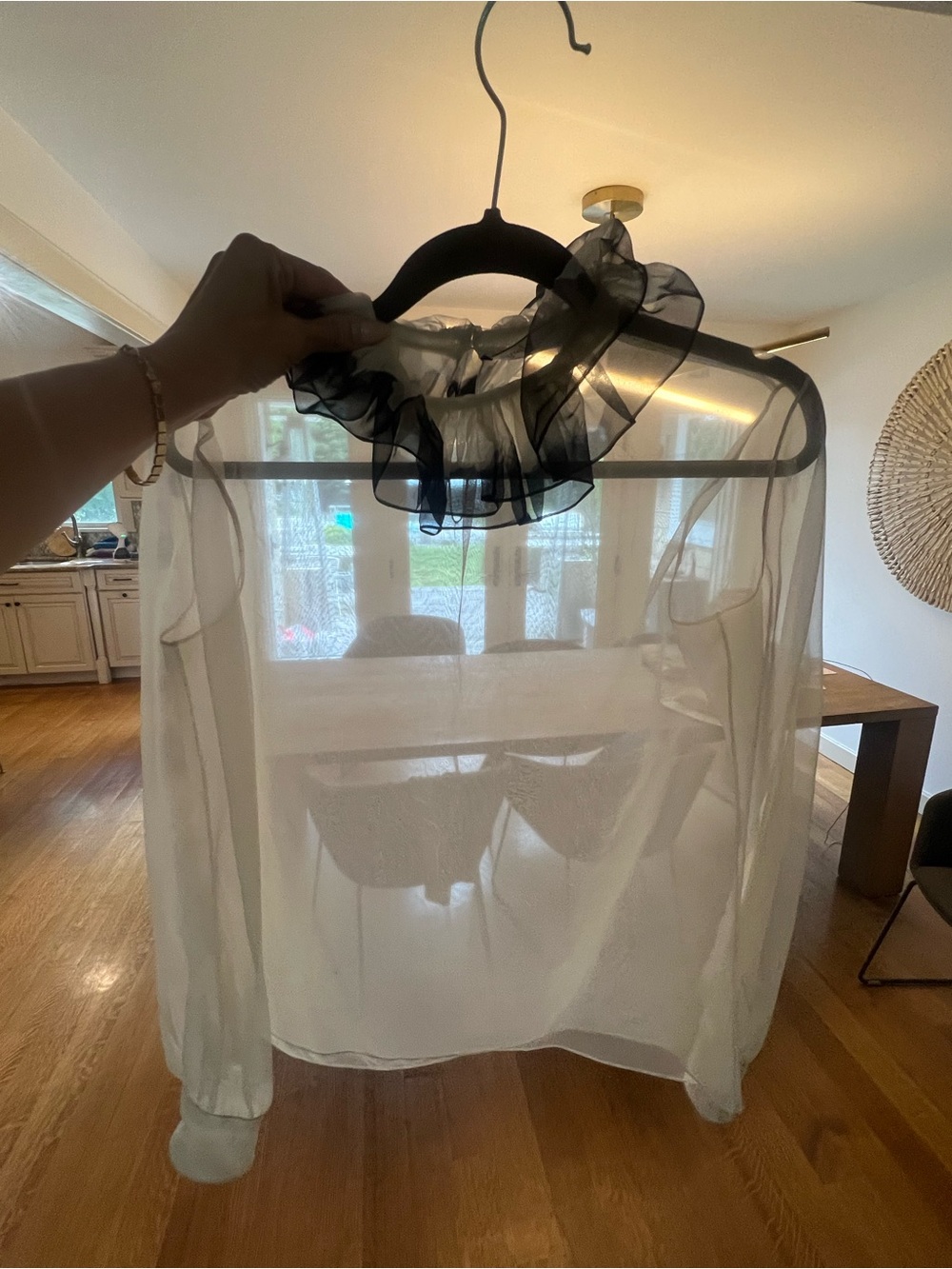 Ralph Lauren CollectonnSheer White Ruffle Collar Blouse with Black Neck Accent